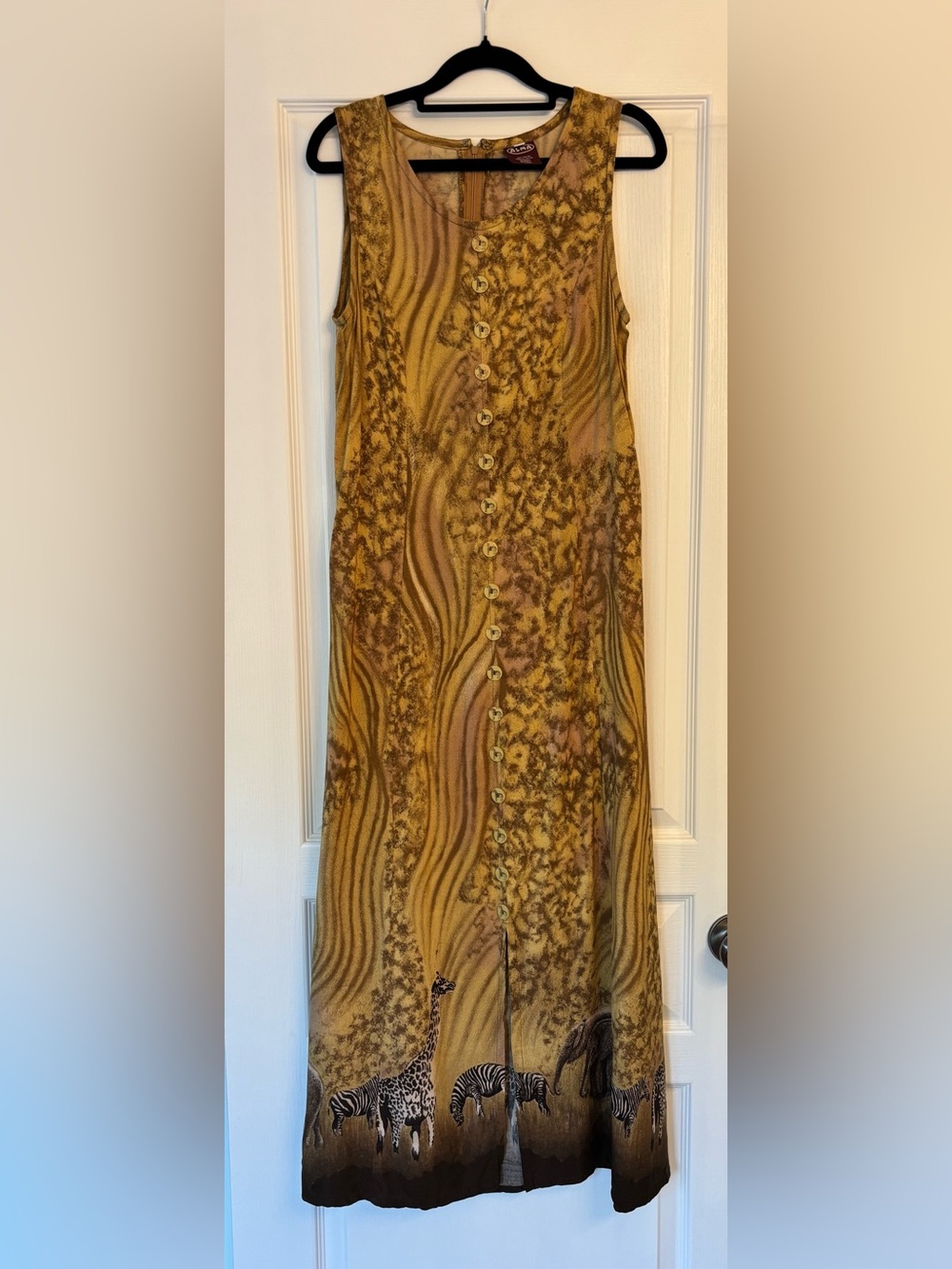 Women's Maxi Button-Front Maxi Dress in Mustard Brown Print